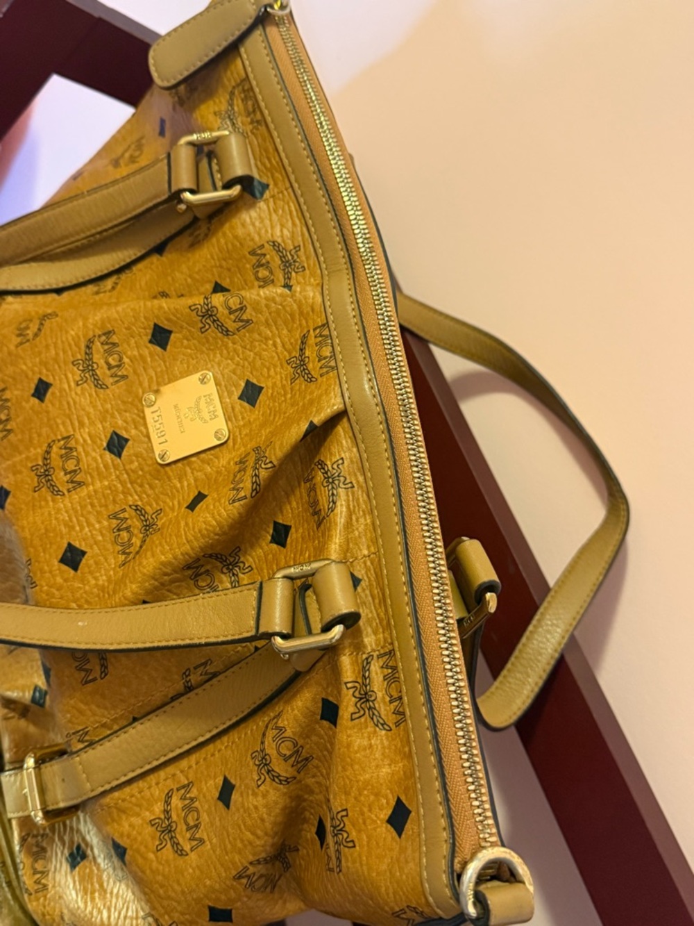 MCM Visetos Mustard Logo Canvas Tote with Leather Trim - Picture 7 of 9